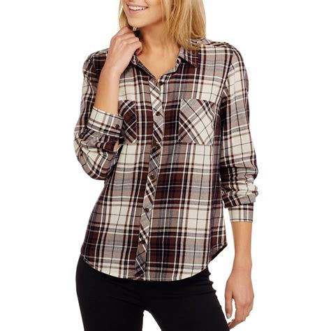 Faded Glory Women S Long Sleeve Classic Button Front Plaid Shirt With Pockets