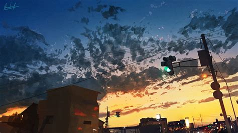Anime Original City Sky Sunset Traffic Light Hd Wallpaper Peakpx
