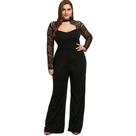 wipalo women wide leg jumpsuit plus size 5xl lace sleeve cut out jumpsuit hollow out bodysuits