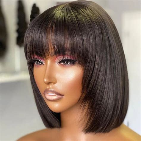 brazilian short straight hair bob wigs human hair wig with bangs remy full machine made wig for