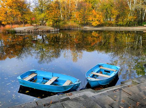 Autumn Water Landscape Two Boats On The Lake Pond Stock Image