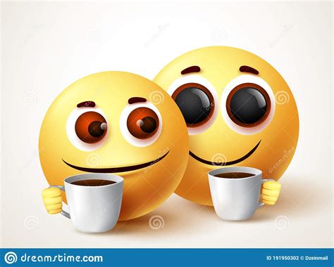 Smiley Emoji Sweet Couple Drinking Coffee Vector Characters Stock