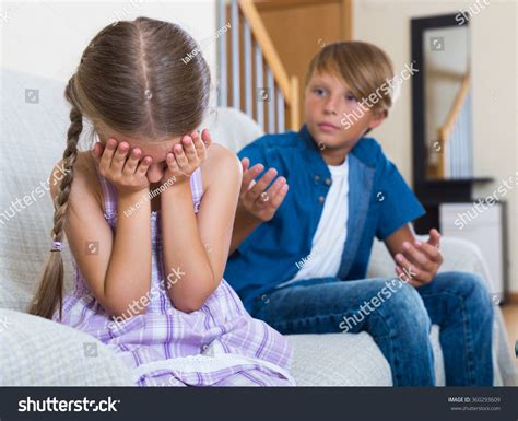 Portrait Big Brother Crying Little Sister Stock Photo 360293609