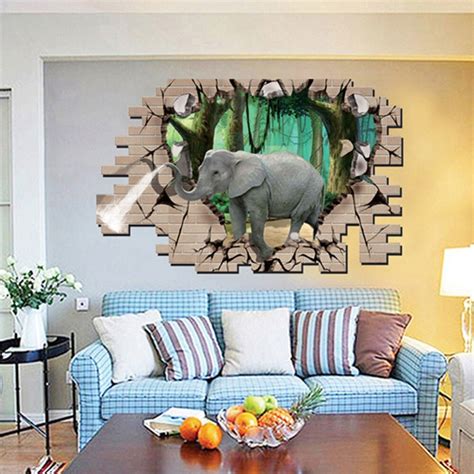 3d Style Broken Wall Elephant Wall Decal Home Sticker Paper Removable