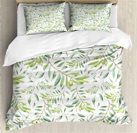 Green Leaf Duvet Cover Set With Pillow Shams Artistic Olive Tree Print Ebay