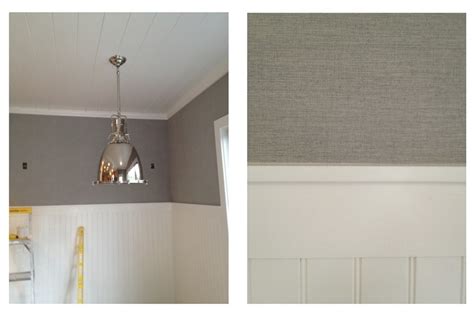 The nails are driven at the top of the arches in the profile to make filling the holes easier and less noticeable in the finish. synthetic grasscloth wallpaper installed above the chair ...