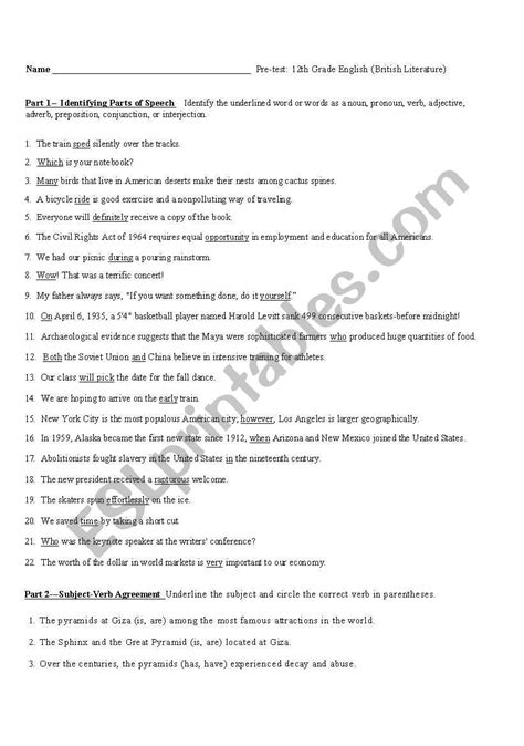 English Worksheets 12th Grade Grammar Pre Test