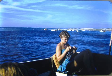 1960 Pretty Woman Teenager Knitting Boat Swimsuit Kodachrome Color 35mm