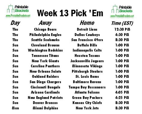 Nfl Pick Em Week 13 Pro Football Pick Em Week 13