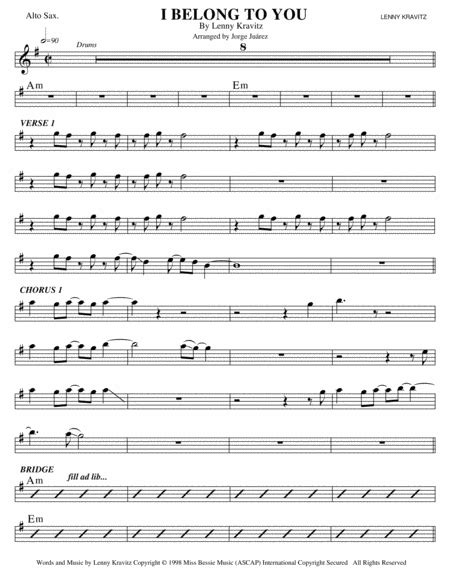 I Belong To You Sheet Music Lenny Kravitz Alto Sax Solo