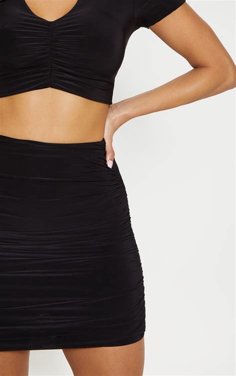Black Slinky Ruched Side Mini Skirt Prettylittlething Usa