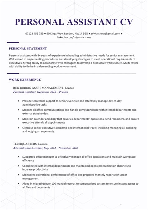 Personal Assistant CV Example Tips Free Download