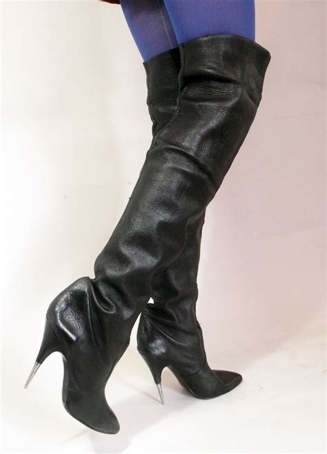 Ebay Leather Vintage Black Leather Thigh Boots With Metal Stiletto Heels