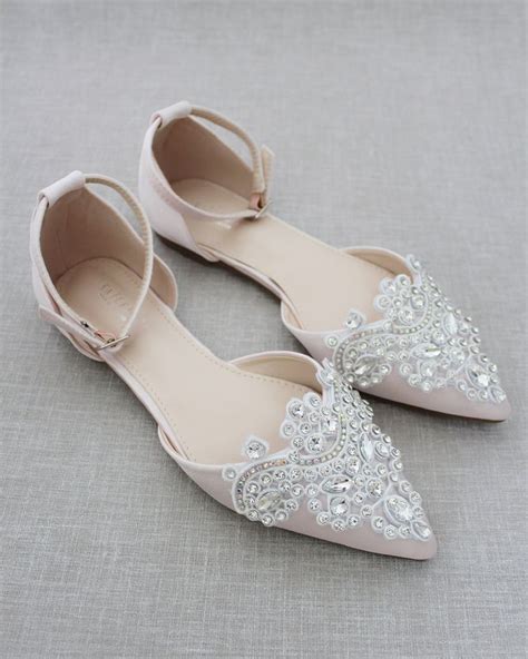 Dusty Pink Satin Pointy Toe Flats With Rhinestones Applique