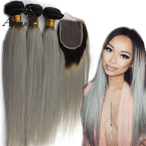 1b Grey Ombre Human Hair Bundles With Lace Closures Gray Hair Weave And