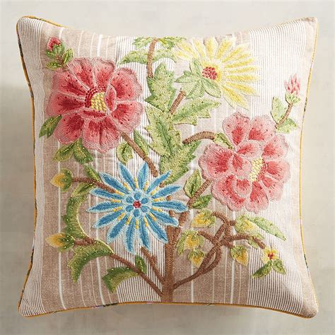 Embroidered Striped Natural Linen Floral Pillow Floral Pillows
