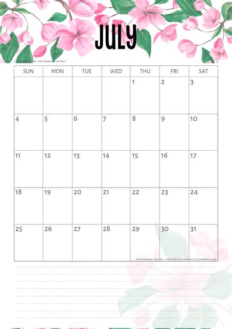 July 2021 Calendar Printable Pink Cute Freebies For You