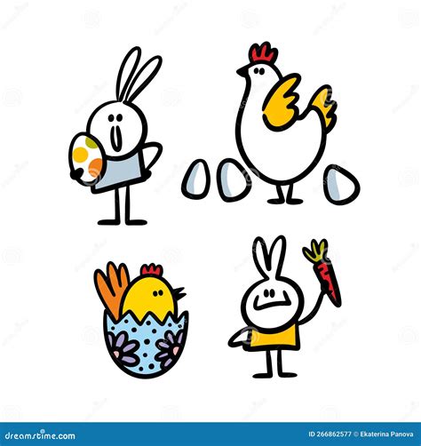 Set Of Cute Easter Characters As Hen Egs Rabbit And Chicken Hand