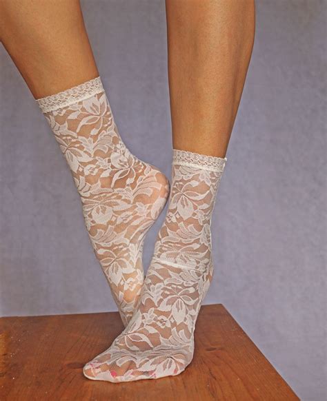 Lace Socks Beautiful Ivory Floral Design Ankle Socks Women’s Socks Lace Trim By