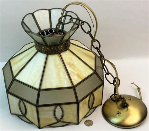 Lot Vintage Stained Glass Hanging Light Swag Lamp Chandelier