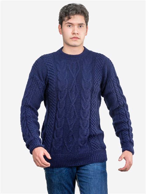 Inti Alpaca Mens Irish Fisherman Aran Sweater In Blue Alpaca Wool