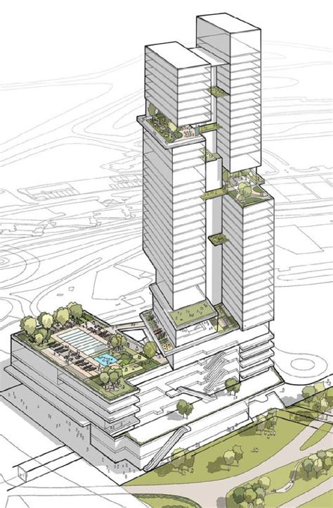 An Architectural Drawing Of Two Tall Buildings In The Middle Of A City