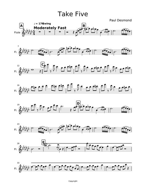 Take Five By Osam Sheet Music For Flute Soprano Glockenspiel Solo