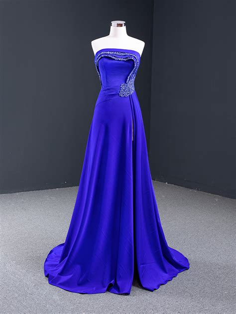 China Blue Party Prom Gown Split Strapless Bridesmaid Celebrty Evening