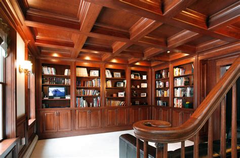 Library With Coffered Ceiling Traditional Home Office And Library