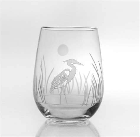 Heron Etched Stemless Wine Glasses Set Of 4 Wine Glass Stemless Wine Glasses Wine Glass Art