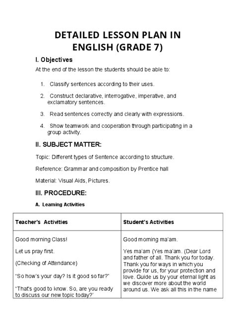 Sample Detailed Lesson Plan In English Grade 1 Lesson Plan Sites
