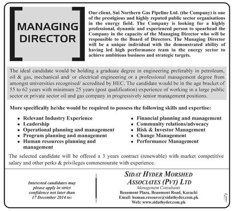 If you require a job description specific for your industry sector and one which is appropriate to the size of your organisation then your executive recruit industry specialist will be able to provide you with a tailored. Managing Director Jobs in Sui Northern Gas Pipeline Ltd ...