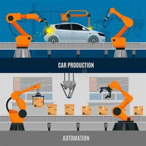 Automation Horizontal Banners Set With Assembly Line And Robotic