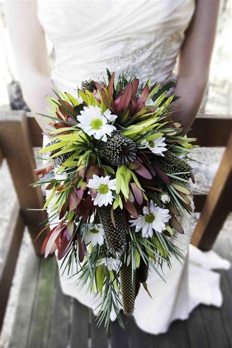 Unique Cascading Bridal Bouquet With Leucadendrons And Daisies Native