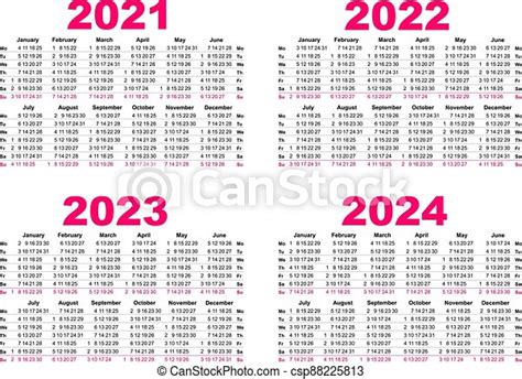 Set 2021 2022 2023 2024 Calendar Simple Template Grid First Day Of