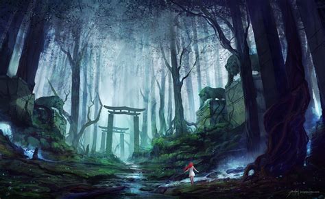 Wallpaper Trees Forest Redhead Anime Girls Jungle