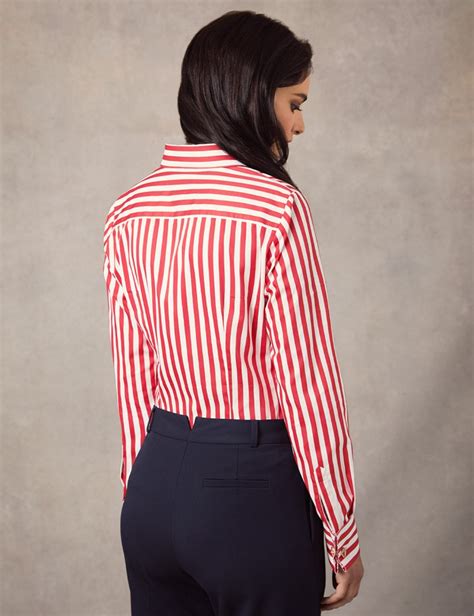 Womens Red And White Bengal Stripe Fitted Shirt French Cuff Hawes