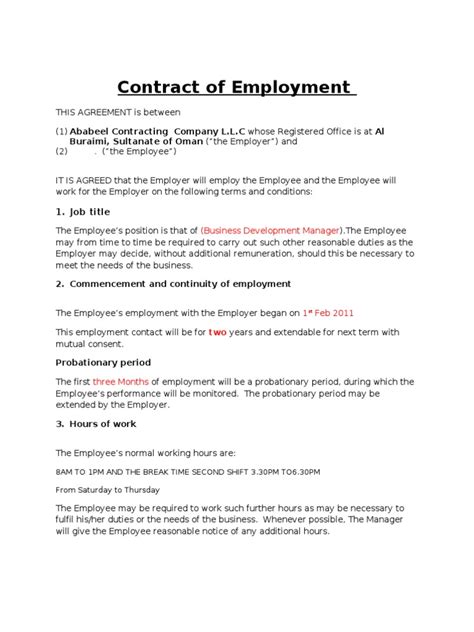 If you are writing a custom employment agreement and need help in drafting key points then download this pdf. Employment Contract Draft | Employment | Salary