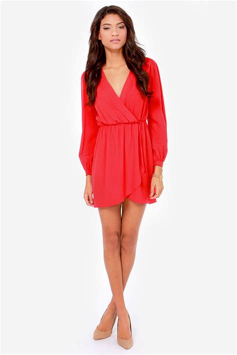 Cute Bright Red Dress Wrap Dress Long Sleeve Dress 4900