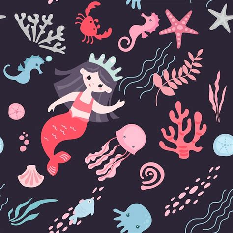 Premium Vector Cute Mermaid Girls Cartoon Style Seamless Pattern