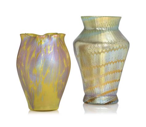 Two Loetz Iridescent Glass Vases Circa 1900 Taller Vase Engraved