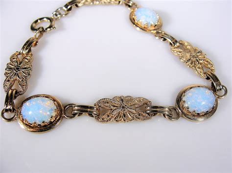 Opal Bracelet Vintage Mid Century Crown Mounted Faux Opal Link
