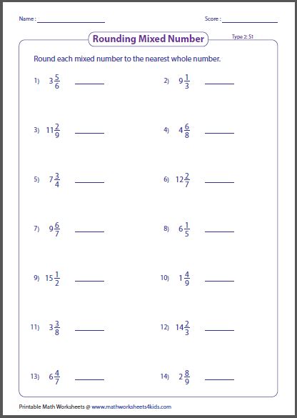 Rounding Up Mixed Numbers Worksheets