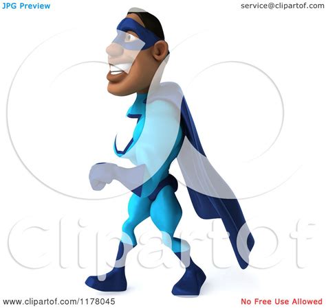 Clipart Of A 3d Black Super Hero Man In A Blue Costume Walking To The