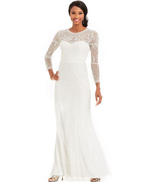 Adrianna Papell Long Sleeve Beaded Illusion Gown In White Ivory Lyst