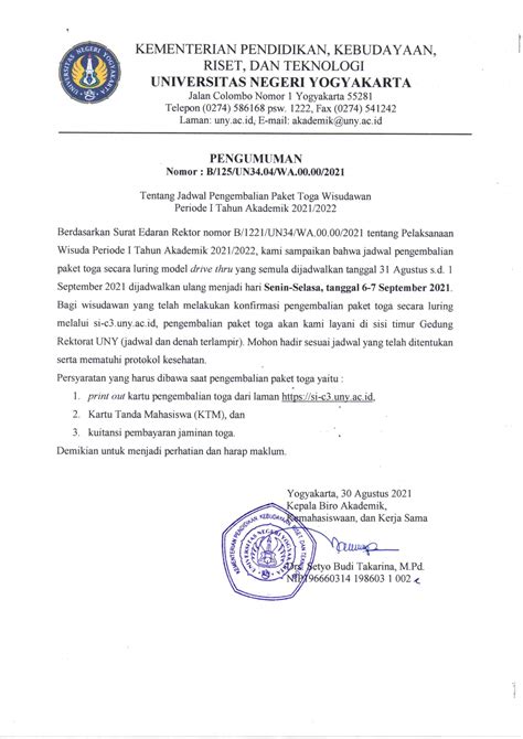 Jadwal Pengembalian Paket Toga Wisuda Periode Bulan Agustus 2021