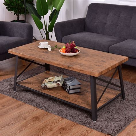 Rectangular Metal Frame Wood Coffee Table With Storage Shelf Coffee