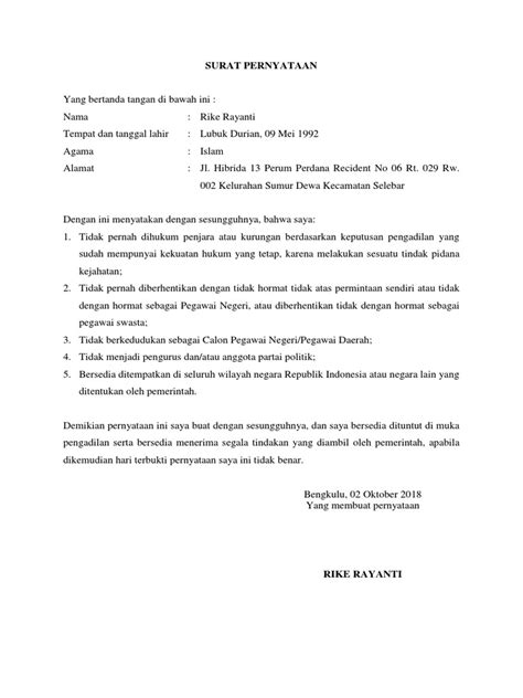 Dimana surat pernyataan untuk calon pegawai negeri sipil memang berguna untuk menyatakan bahwa anda tidak pernah dipecat, pendidikan surat pernyataan cpns juga menggunakan materai 6000, dimana memang terikat dengan hukum. Cpns - Surat Pernyataan