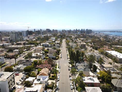 Aerial View Above Hillcrest Neighborhood With Downtown San Diego On The