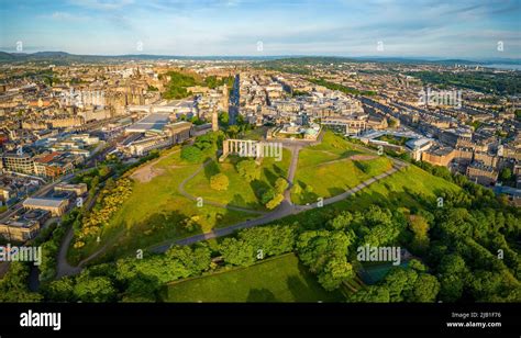 Aerial View At Sunrise Of Calton Hill And Skyline Of Edinburgh